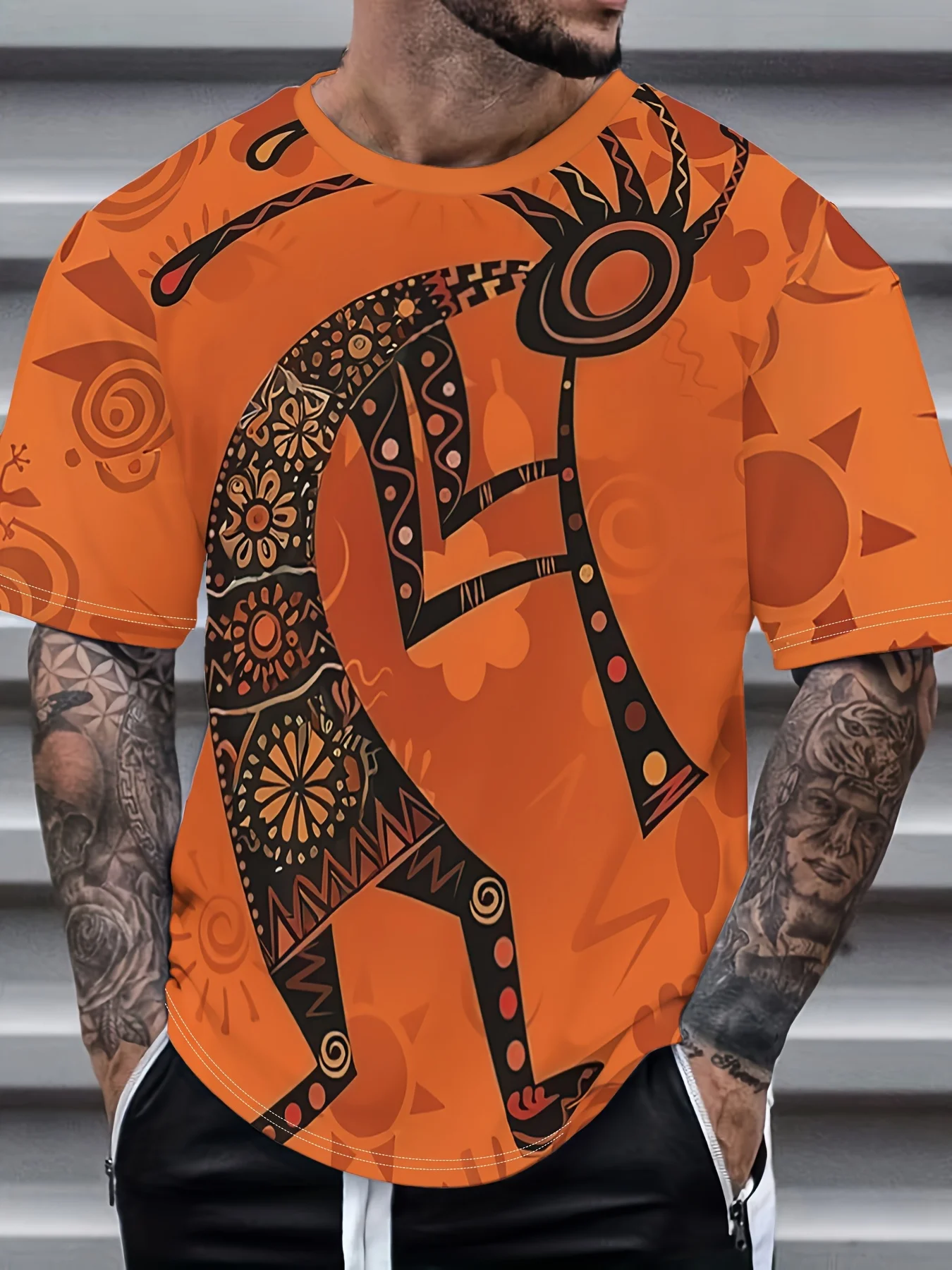 Men's Plus‑Size Short‑Sleeve T‑Shirt with Vivid Orange 3D Abstract Print‑Geometric Tribal Design, Lightweight Polyester