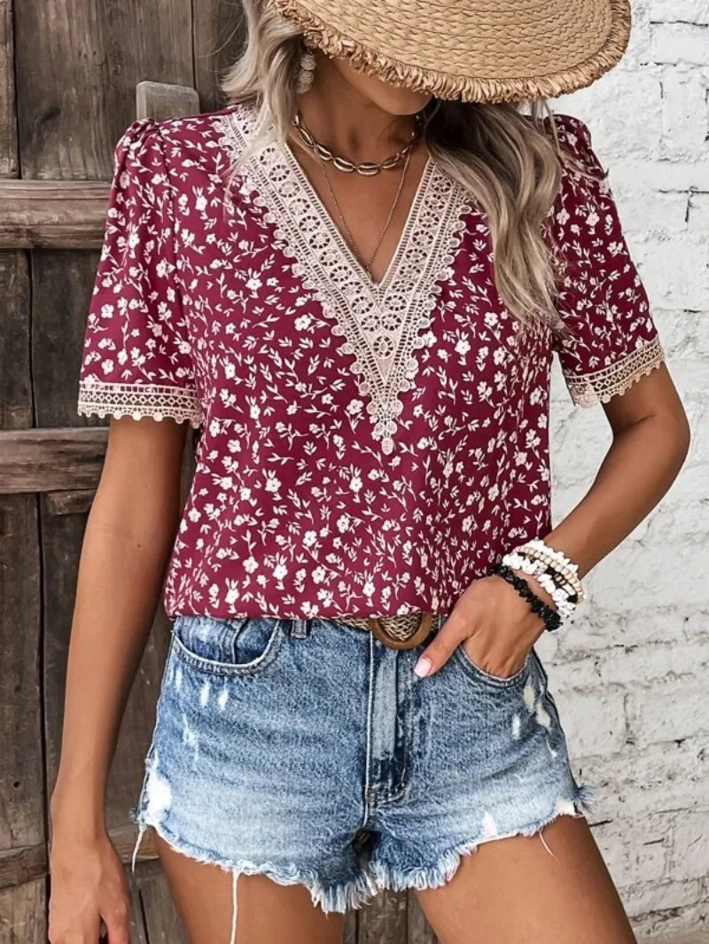 

Women's clothing Spring/Summer Leisure Fashion Sexy Comfortable Short sleeve Lace V-neck Lace Countryside Shirt for Women