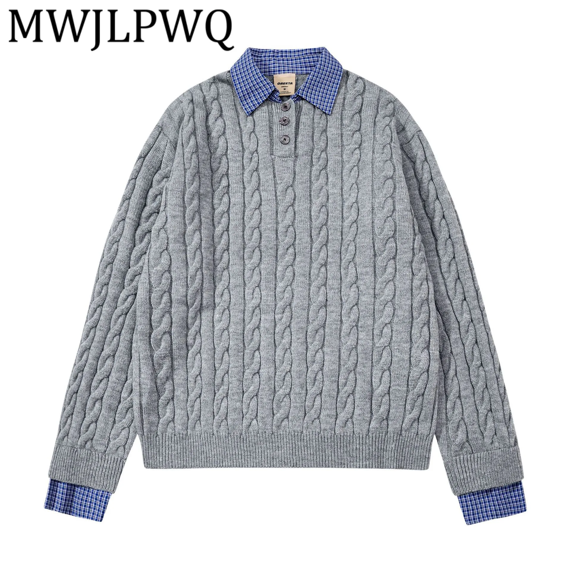 

MWJLPWQ 2025 Winter American Style Fake Two-Piece Sweater Male Lapel Long Sleeve Button Design Simple Pullover Casual Tops 21433
