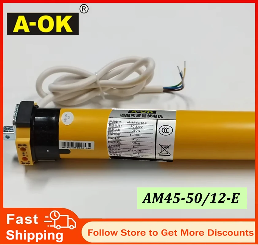 A-OK AM45 50/12 E 3-Wire Tubular Motor for Blinds And Canopy Lift System with RF433 Control AC230V 50/60HZ Rolling Blinds Motor