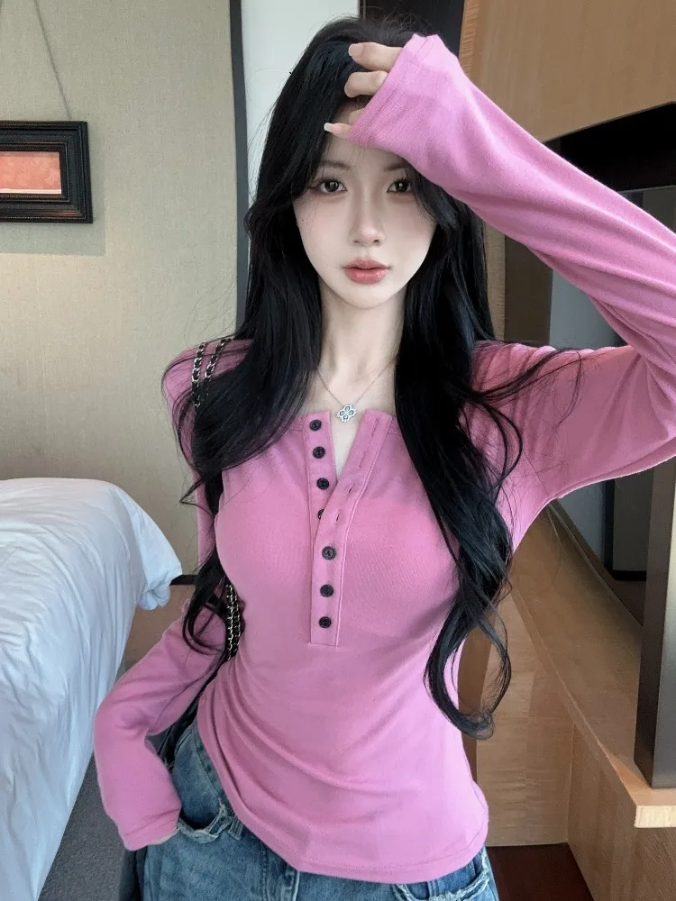 

Slim Fit Pure Color Long Sleeve Base Shirt Women's Korean Style Half Open Collar Knitted Top Breathable Autumn Fashion