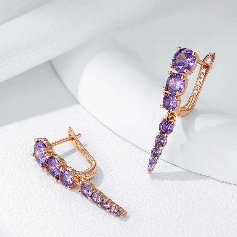 Kinel Hot Shiny Purple Natural Zircon Drop Earrings For Women Trend 585 Rose Gold Color Bride Wedding Fine Jewelry Crystal Gift