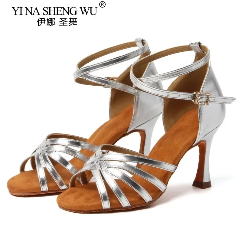 Latin Dansschoenen Volwassen Vrouwen Professionele Latin Dance Hoge Hakken 8.5 cm Suède Zolen Zilver Ballroom Tango Dansen Oefenschoenen