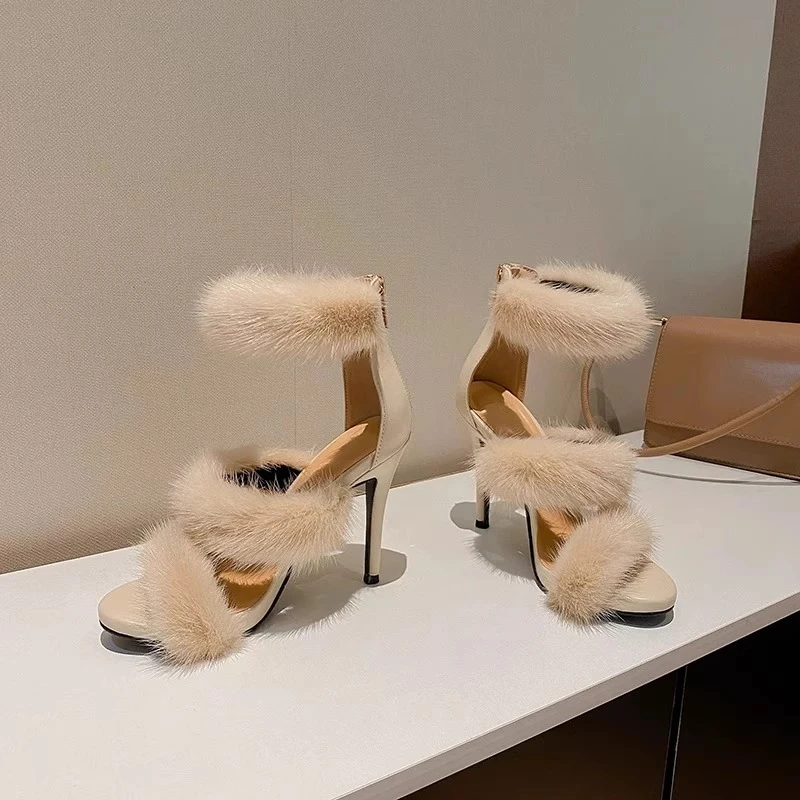 

2025 New High Heels Soft and Comfortable mink fur Versatile Sexy 11cm High Heels Thin Heels Sandals Women's Banquet Shoes