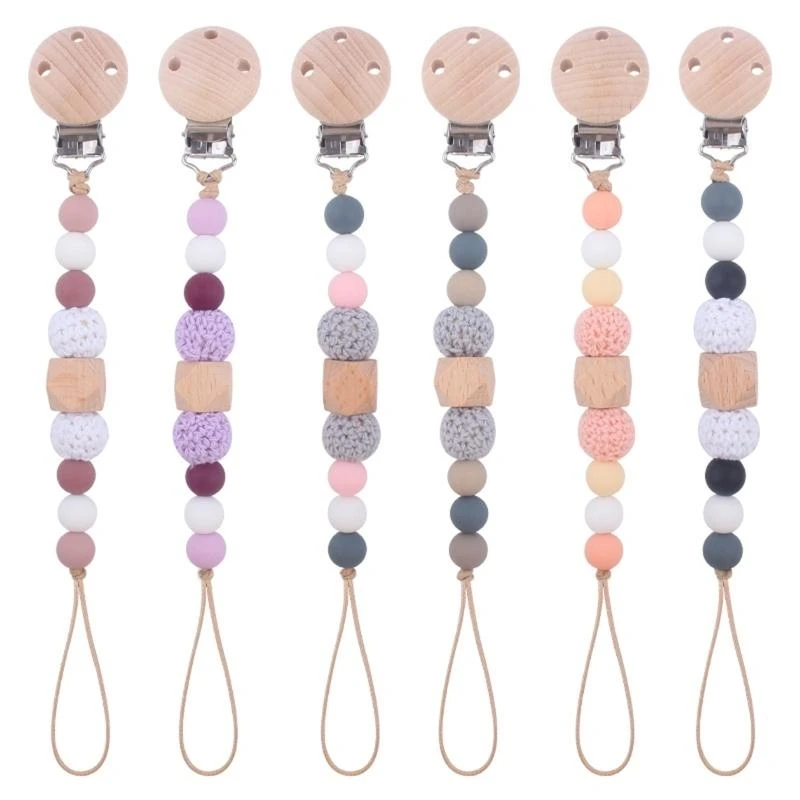 

M76C Wooden Bead Pacifier Clips Silicone Dummy Chain Holder Newborn Soother Chains Nipple Holder for Babies Teething Toy