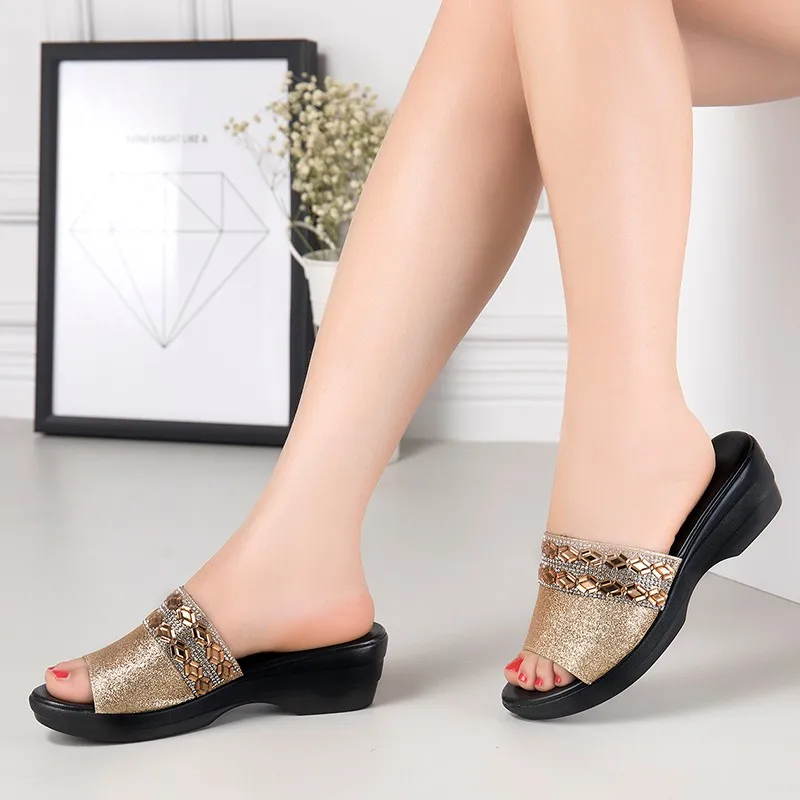 Platform Slippers Women 2024 Summer New Wedges Shoes For Womans Rhinestones  Mother  Elegant Medium Heel Sandals Ladies Shoes