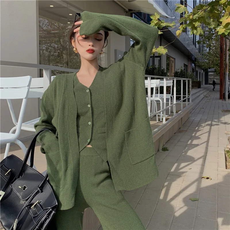 Women's Fashion Knitting Suit Set Sweater Vest Cardigan Knitted Casual Jacket High Waist Wide Leg Pants Three-Piece Sets Female