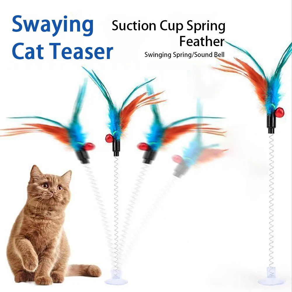 Suction Cup Spring Feather Funny Cat Stick Swing Ring Bell Cat Relieve Boredom Sounding Bell Colorful Cat Toys Pet Supplies