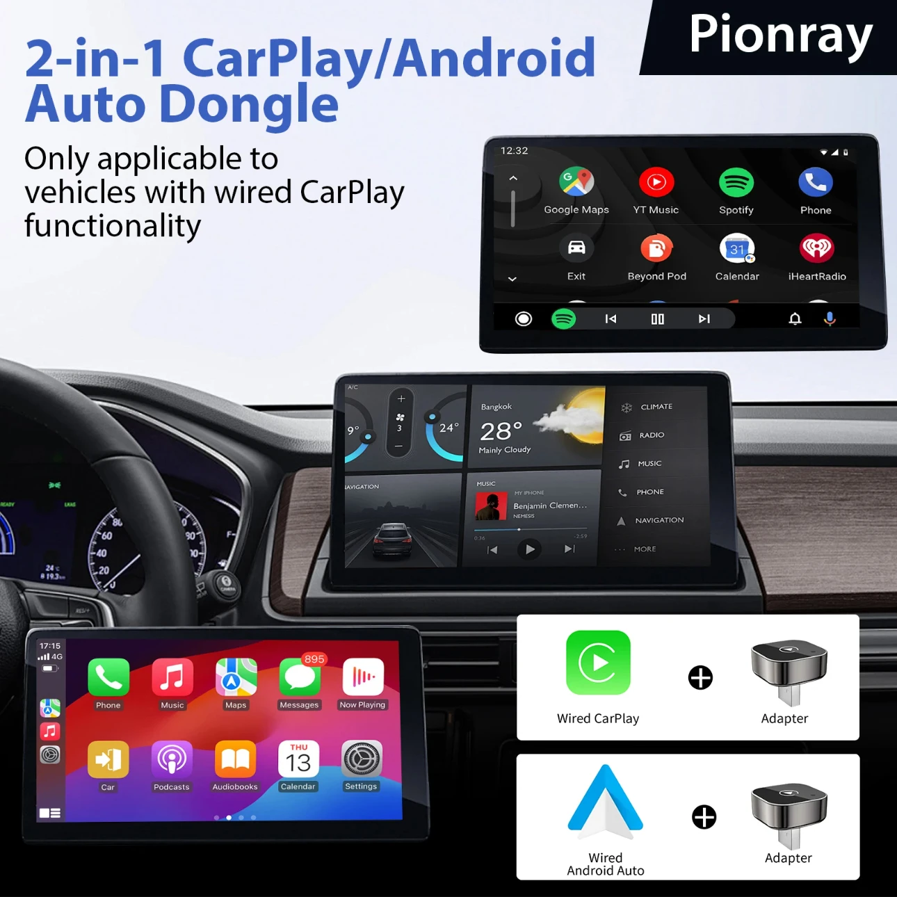 محول CarPlay اللاسلكي الجديد Pionray 2 في 1 ومحول Android Auto اللاسلكي، 5Ghz WiFi Type-C/USB Plug Play CarPlay اللاسلكي