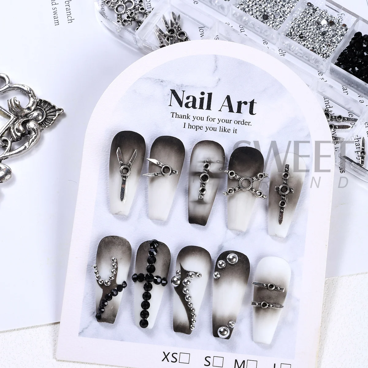 12 Grids Gun Gray Gothic Punk Nail Decor Mixed Round Flatback Bead Black Rhinestone Belt Rivets Vintage Halloween Manicure Parts
