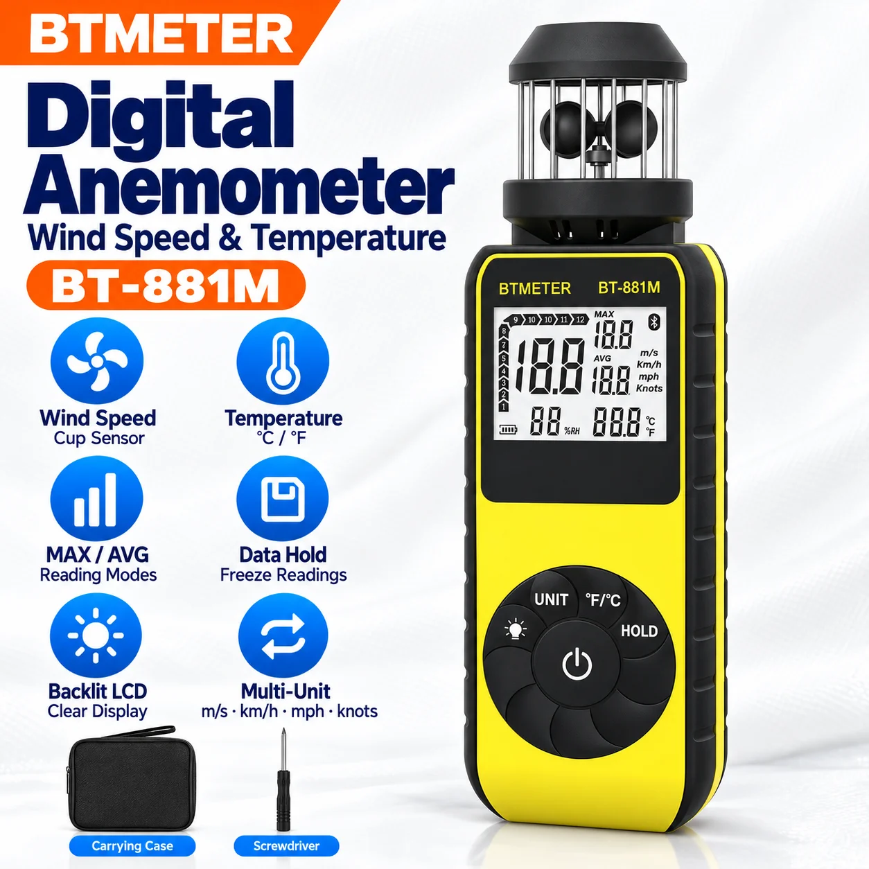 BTMETER Cup Anemometer, 360° Wind Speed Meter with Compass, Temperature & Backlight for Drone Flying, 0.7-42m/s, 881M