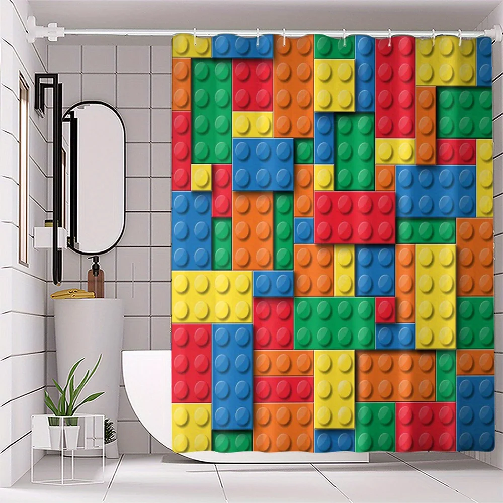 Colorful Building Blocks Shower Curtain Fun Kids Bathroom Decor Waterproof Shower Curtain Liner for Nursery Bath
