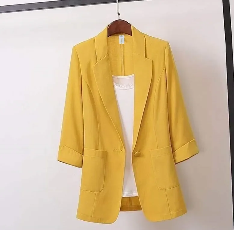 Office Lady Cotton Linen Blazer Solid Color Loose Spring Autumn Long Sleeve Lapel Pockets Women Suits Coat Blazer