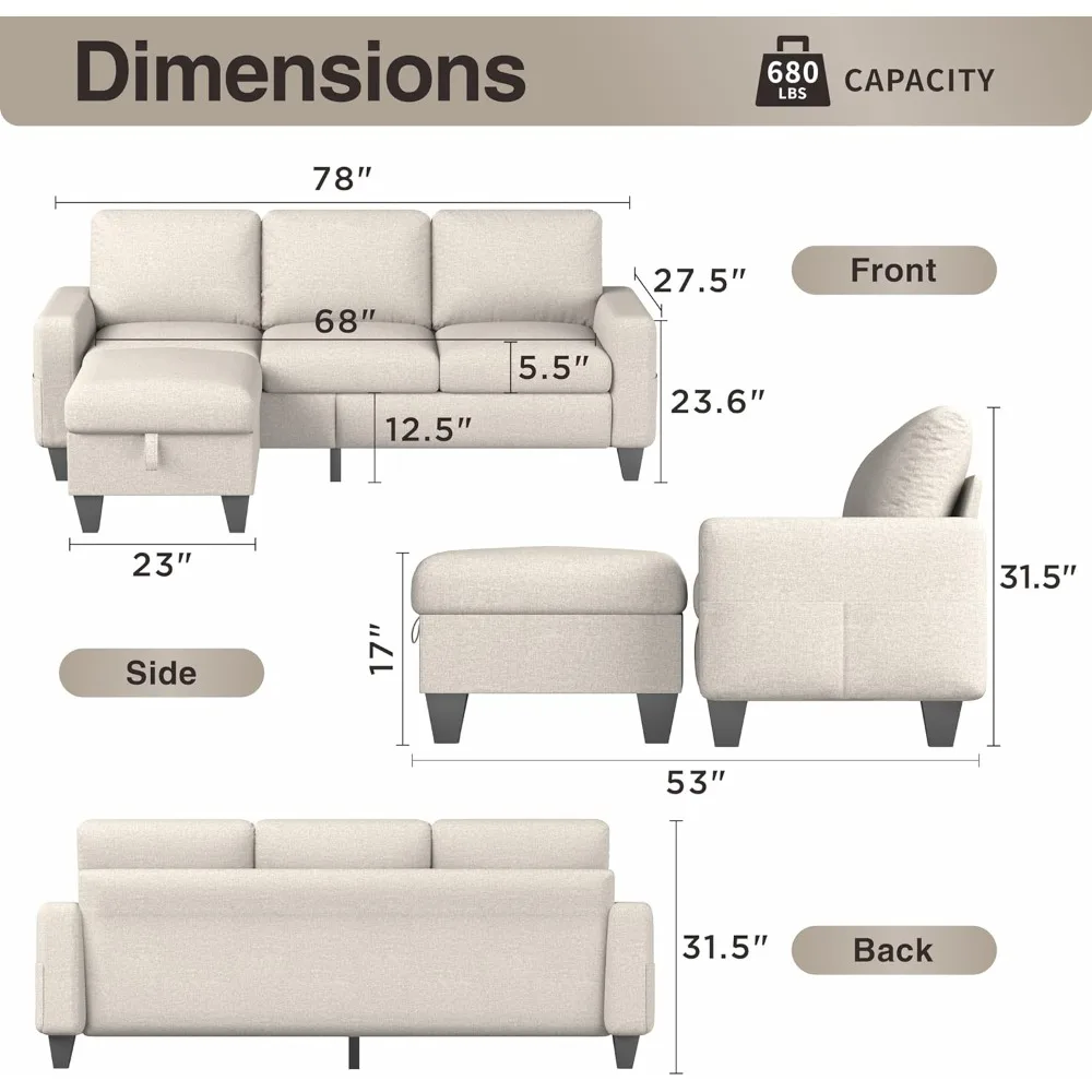 Beige Sectional Sofa Couch L Shaped Couchs with Convertible 3 Seat Sofas for Living Room Small Space Apartment