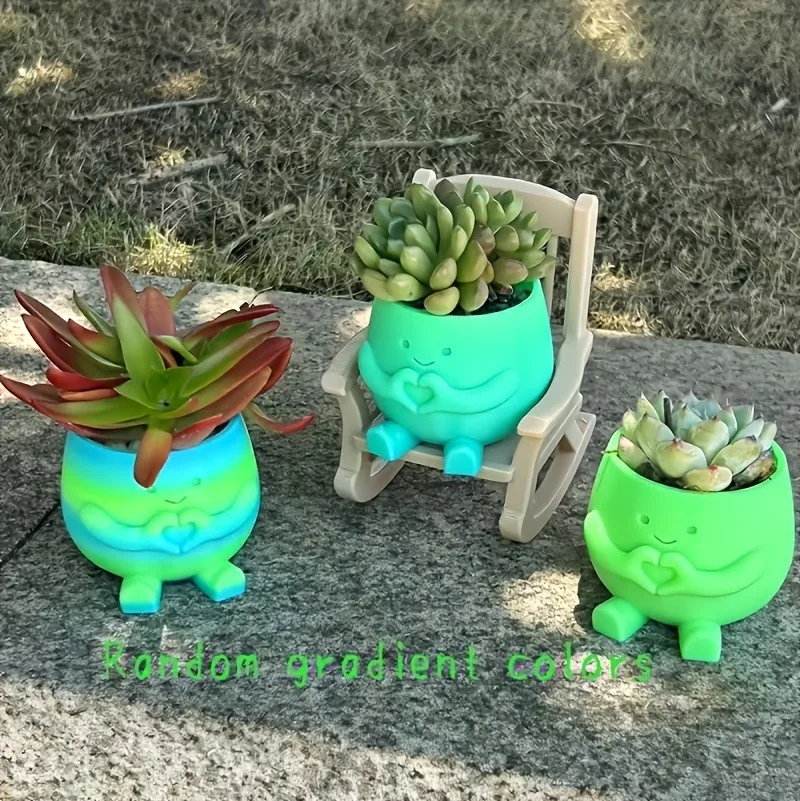 Cute Character Succulent Plant Pot with Rocking Chair, Random Gradient Colors, Flower Arrangement Container, Home Decor Gift