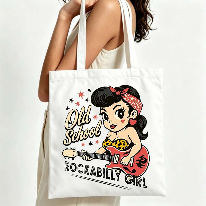 retro girl with guitar graphic canvas tote bag, vintage rockabilly style for casual outings and music events