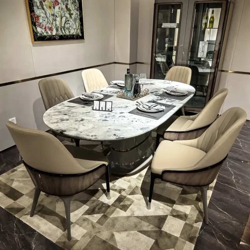 #High End Home Dining Room Furniture Marble Top Dining Table 6 Person Solid Wood Oval Marble Table