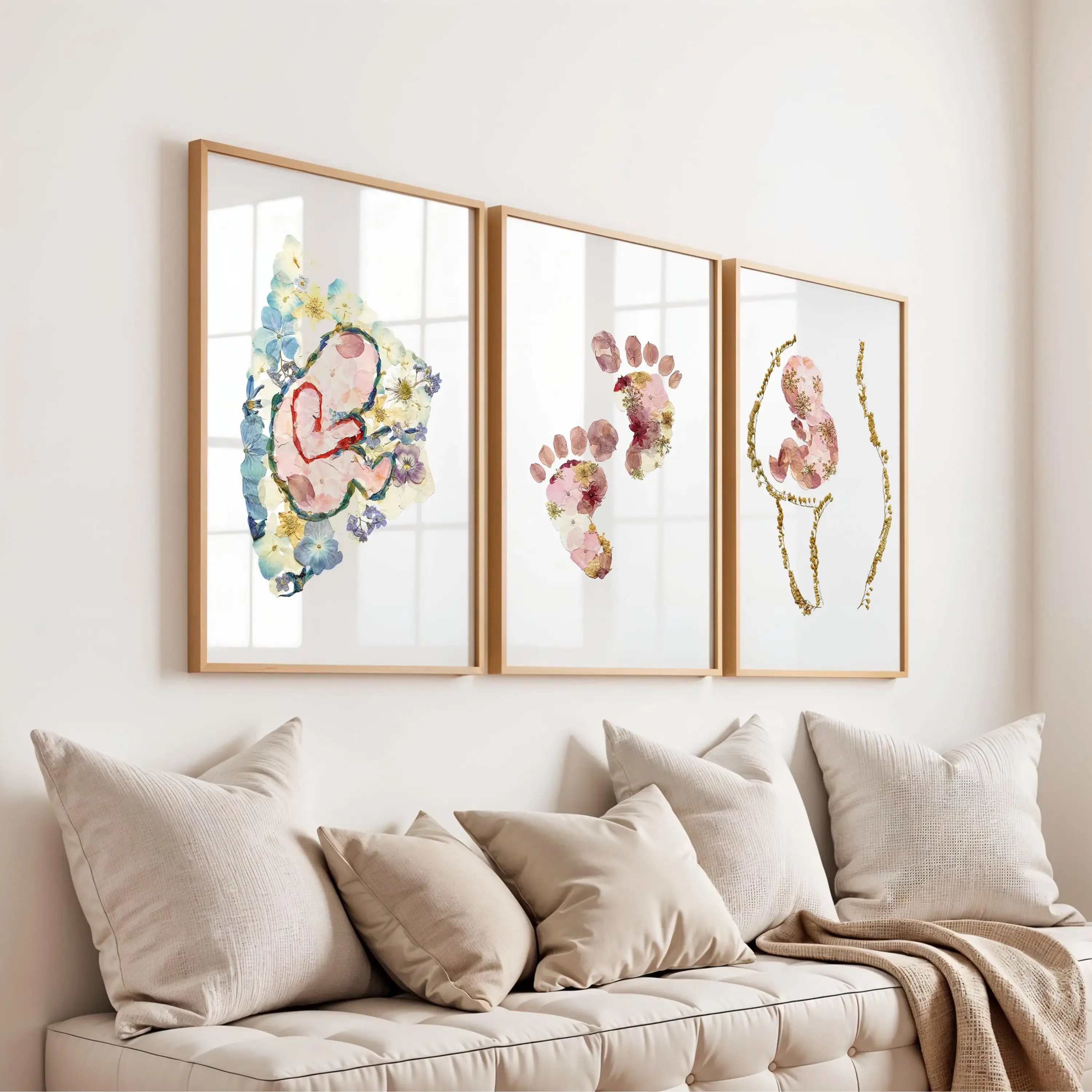 3PCS Large-sized frameless canvas paintings,3pcs Creative 2D Floral Maternity Posters with Newborn Footprints  Frameless Canvas