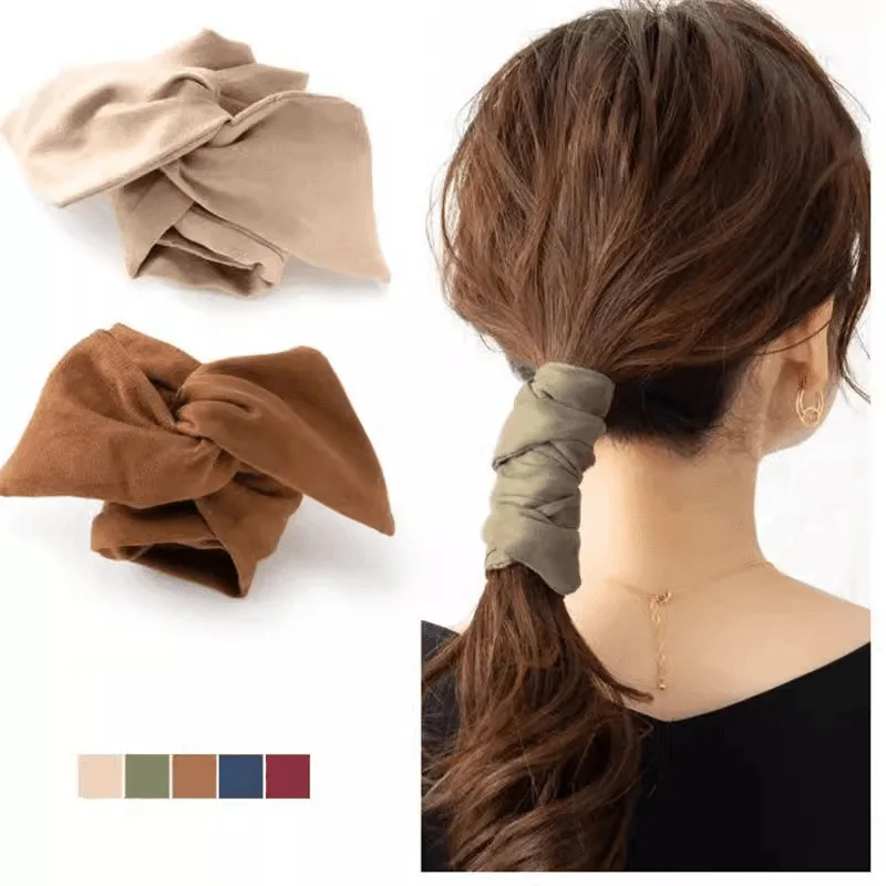 Japanese Retro Solid Color Fabric Wire Hair Tie, Wide Band Hair Scarf for Women, Low Ponytail Wrapping Hairband