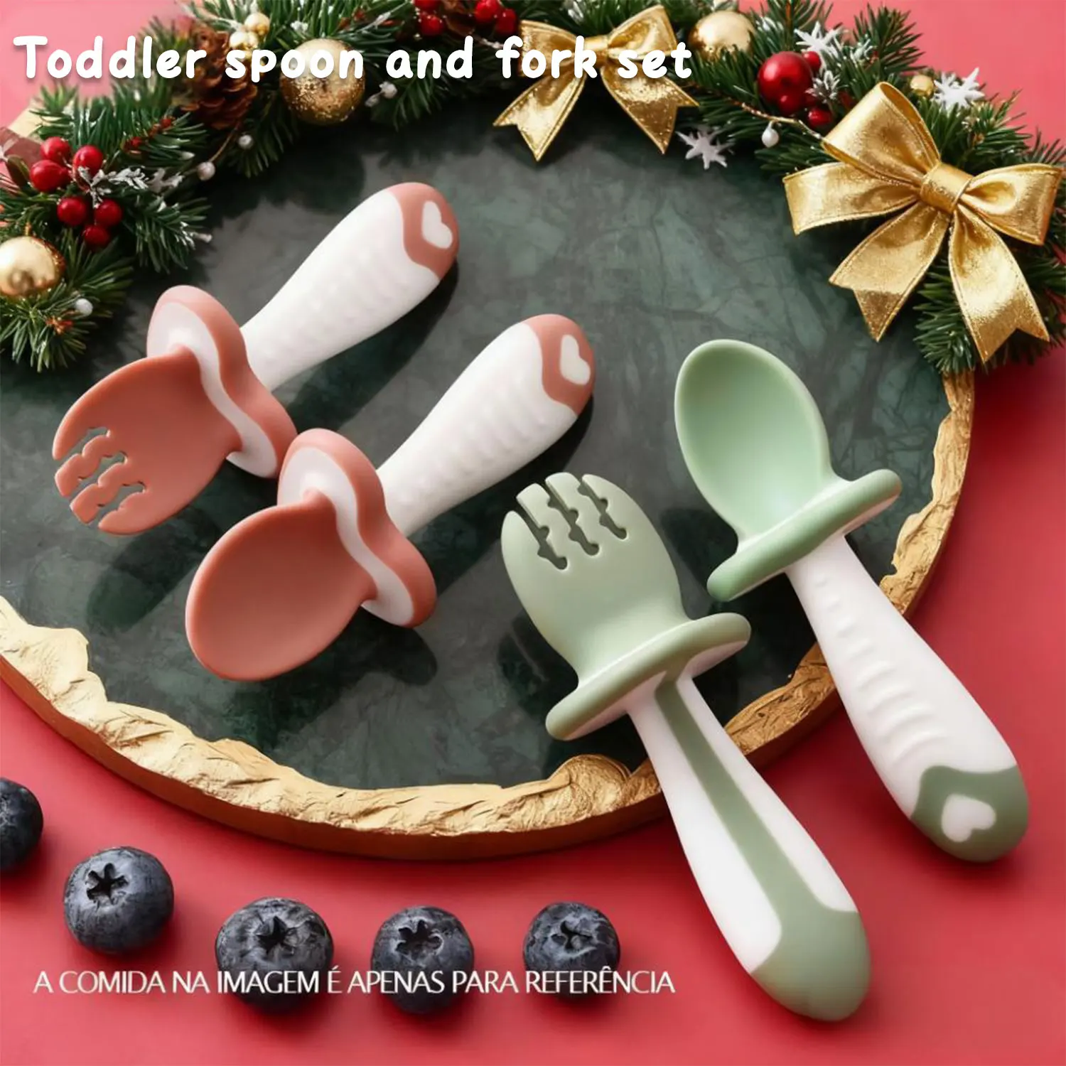 

Infant spoon and fork set soft silicone spoon baby learning diet training tableware children's party tableware Christmas gift