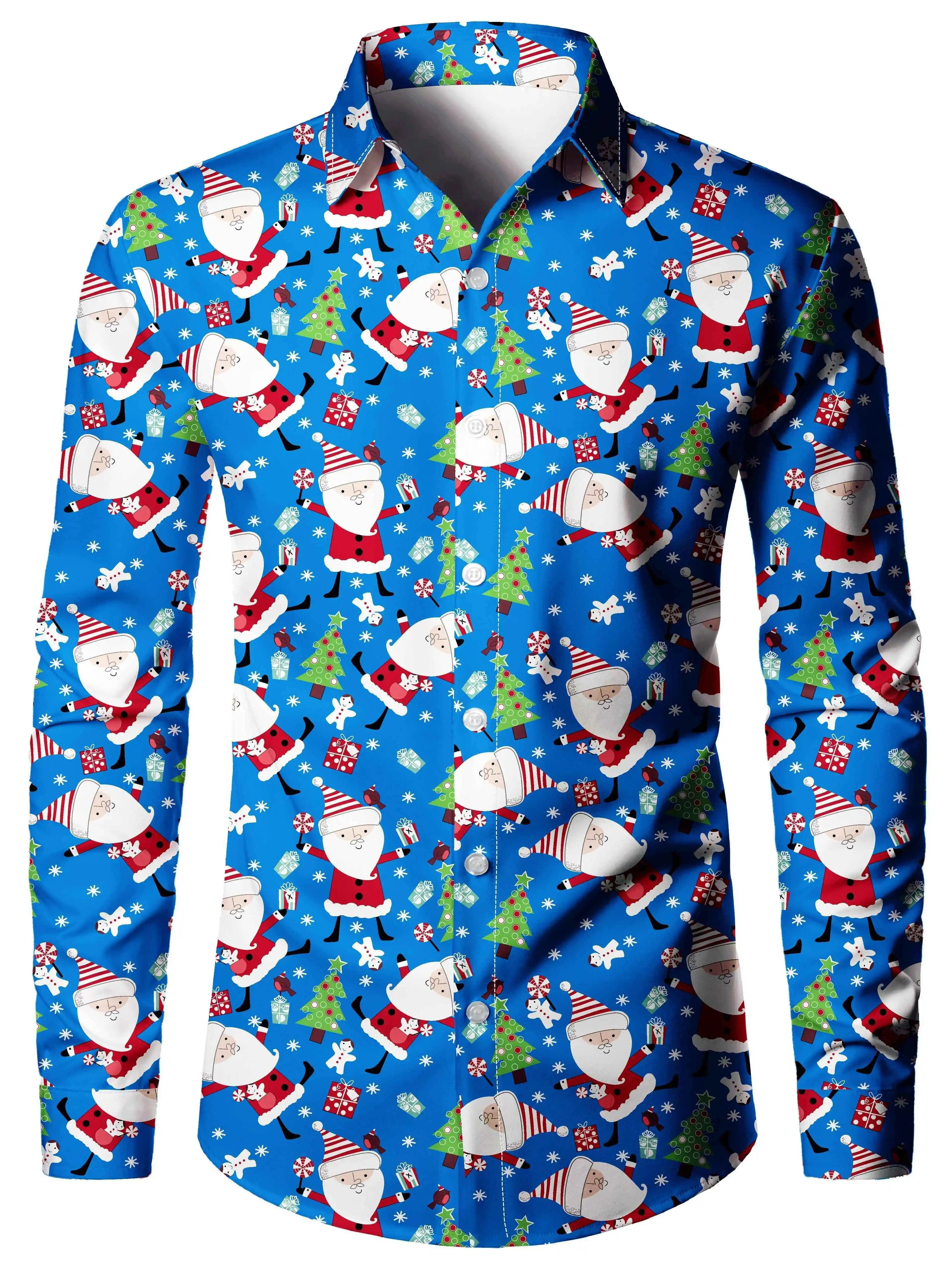 Men Long Sleeve Shirt 3D Print Santa Claus Christmas Tree Snowflake Turn Down Collar Holiday Casual Tops Men's Clothing