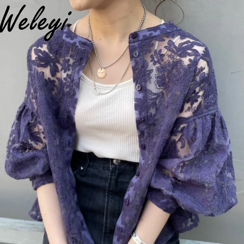 

Japanese Summer Clothing Female Fall 2024 New Women's Embroidered Lace Lantern Sleeve Shirt Two-Way Wear Jacket Beautiful Shirts