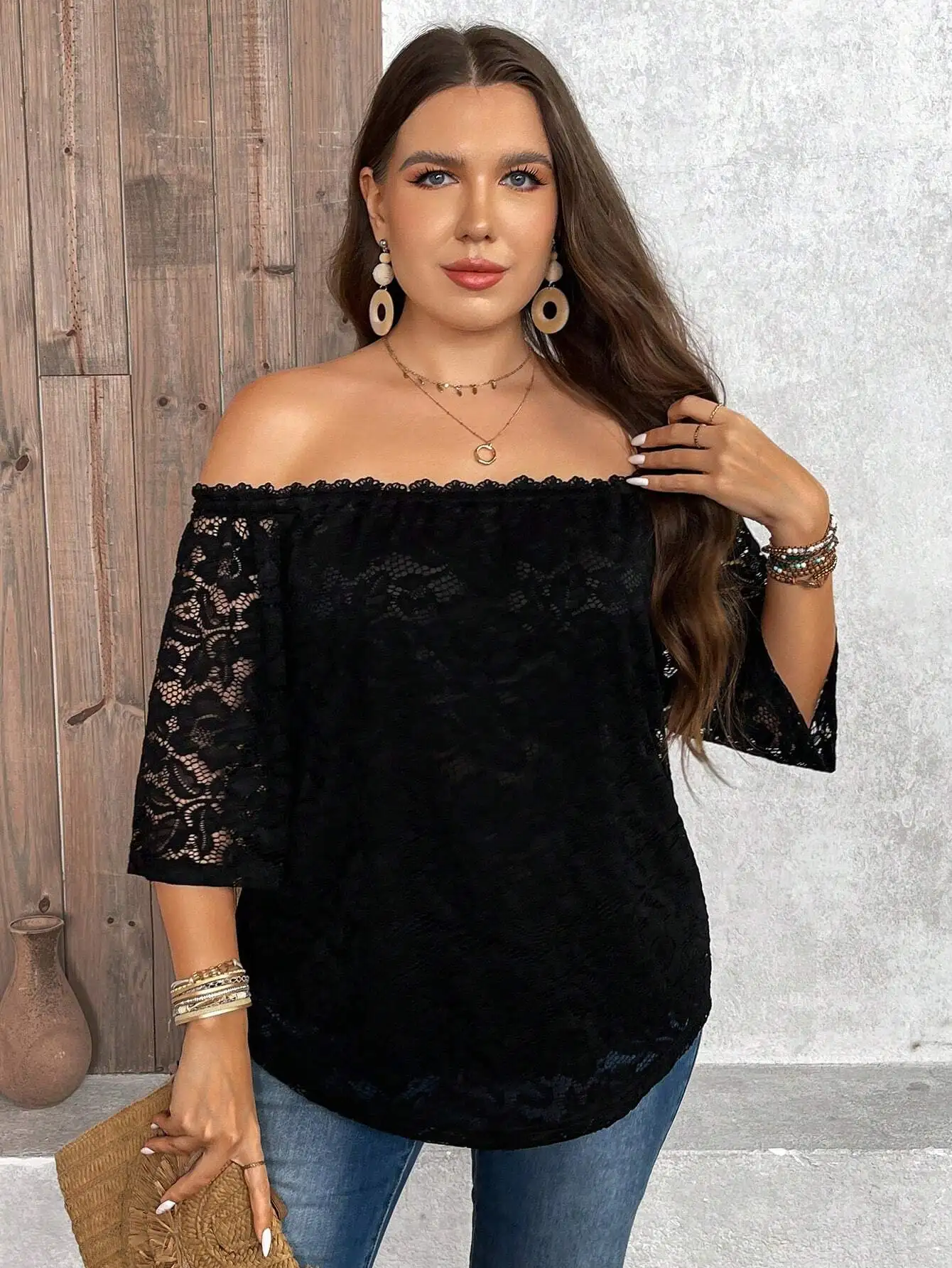 

Черная кружевная блузка с открытыми плечами больших размеров для женщин, повседневный топ