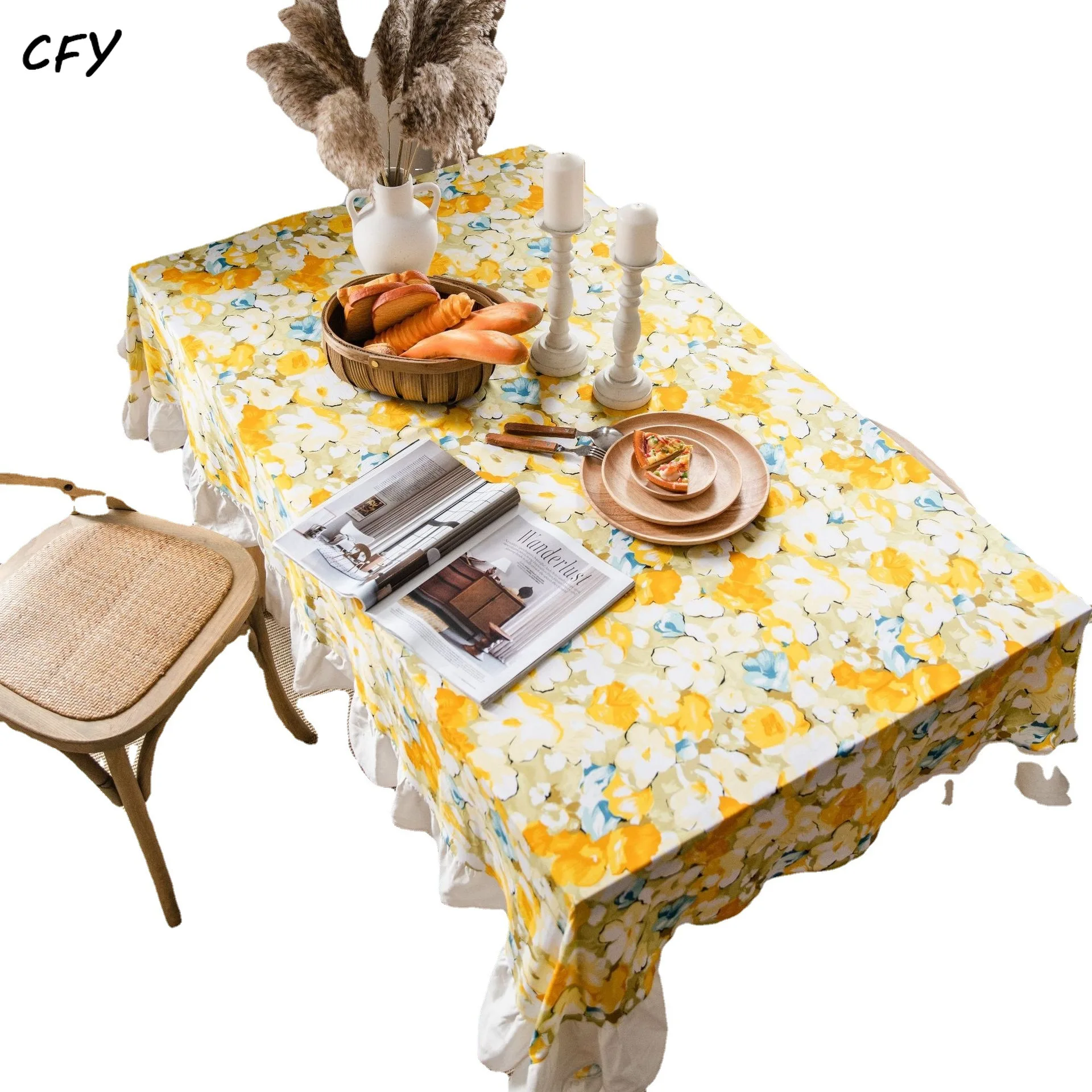 

Cotton Linen Yellow Floral Print with Ruffled Edges Rectangular Tablecloth Tea Table Pad Meal Cloth Photo Background Cloth