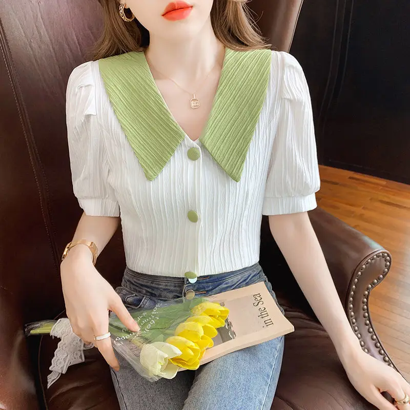 Sweet Contrast Shirt Tops Summer New Short Sleeve Solid Doll Neck All-match Cute Button Blouse Fashion Korean Women Clothing