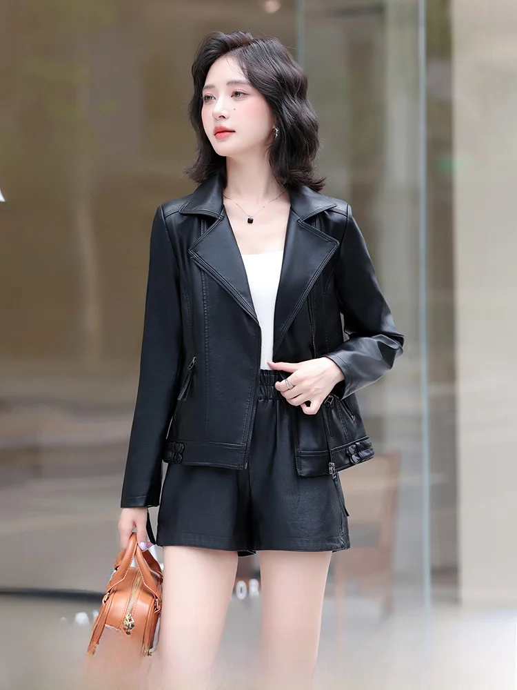 

Faionable ort Women's Leather Jaet eepskin Coat Slim Fit Korean Sle Spring Autumn Quali Leather Coat