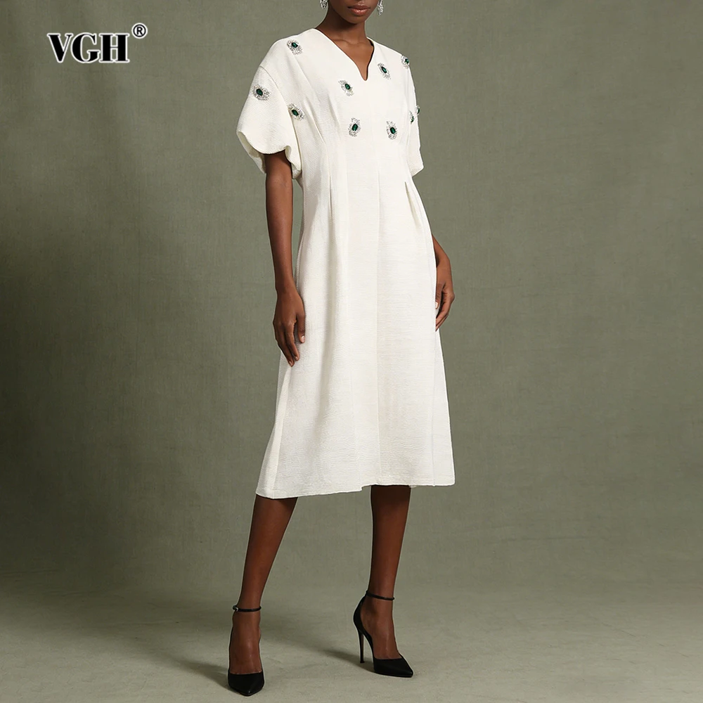 

Элегантные однотонные свободные длинные платья VGH для женщин с круглым вырезом и короткими рукавами, с высокой талией, летние повседневные платья, женская мода, новинка