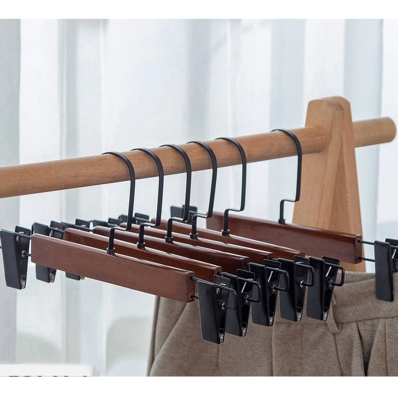 10 Pcs High-Grade Solid Wood Pants Hanger With Stainless Steel Clips Wooden Skirt Hanger Trousers Rack Clip Space Saving