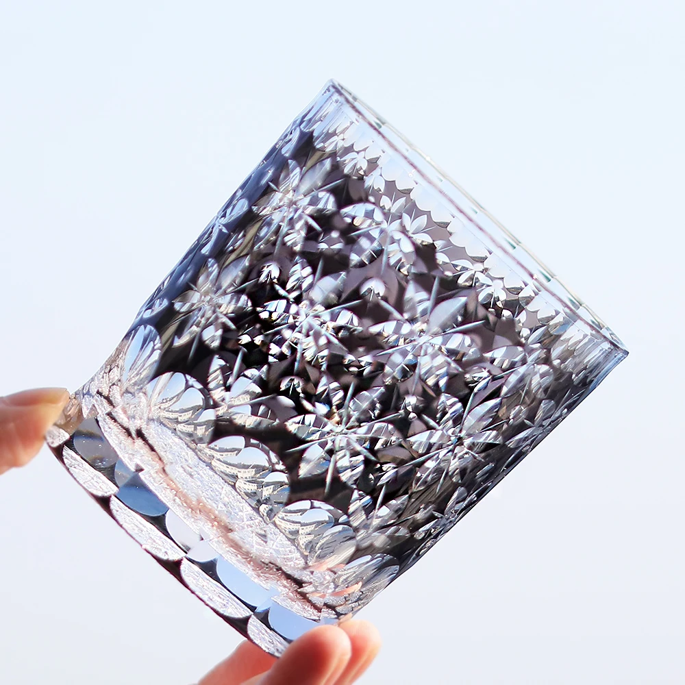 

Ручная резка на прозрачный черный стакан для виски, цилиндр Edo Kiriko, цветочный дизайн