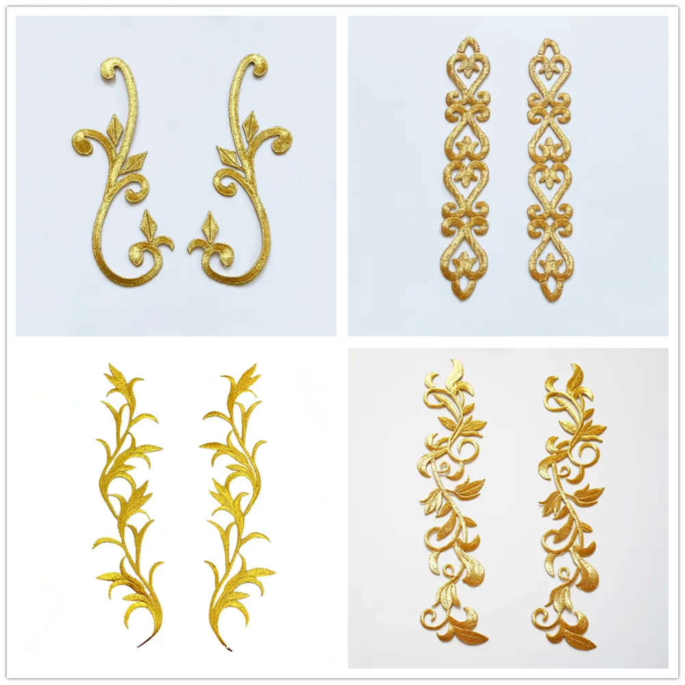 

2Pcs Gold Silver Applique Patches Embroidered Bridal Baroque Gown Fabric Collar Iron Sew On Patch For Wedding Clothes Dress Deco