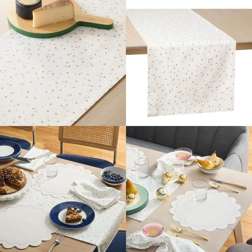 

Reversible Cotton Holiday Table Runner with Metallic Print, Ivory/Gold/Silver, 15x72