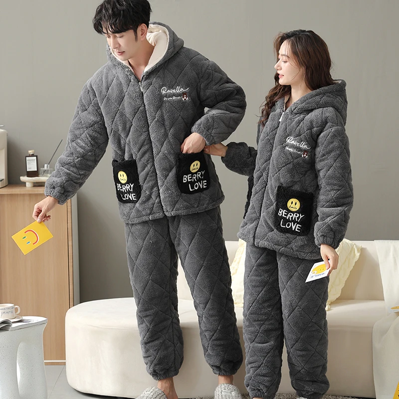 High Quality Winter Nightwear Couple Men Women Pyjamas Male Female 3 Layer Clip Cotton Home Suit