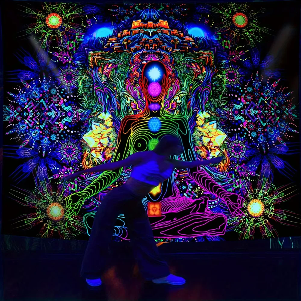 Tapisserie de champ d'énergie des 7 chakras, salle de méditation, lumière noire, décoration de Yoga réactive aux UV, Halo étoilé, tissu d'arrière-plan d'art mystique