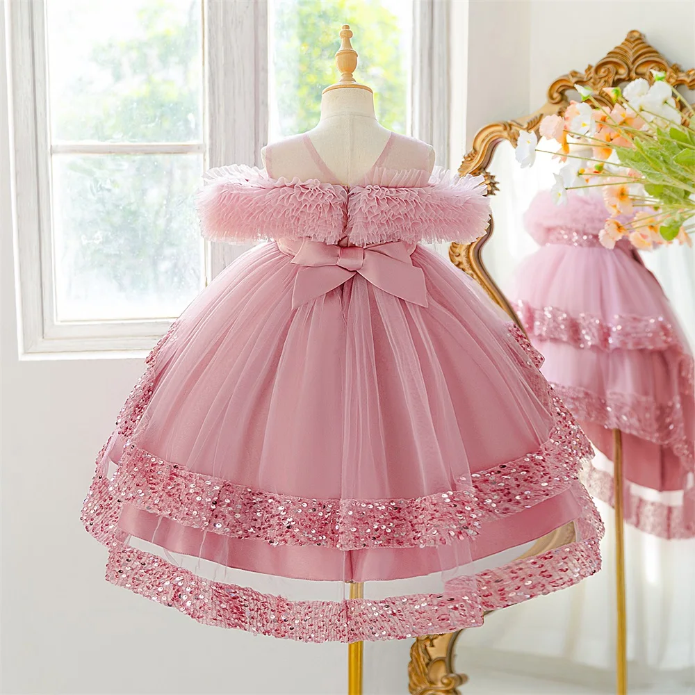 Girls Sequins Mesh Trailing Skirt Ball Gown Glossy Banquet Birthday Stage Host Party Piano Performance Evening Dress