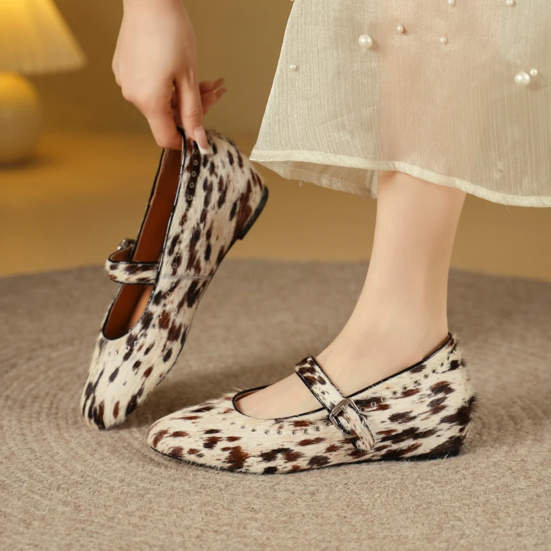 2026 New Trend Horsehair Mary Janes Shoes for Women Fashion Round Toe Leopard Comfort Casual Low Heel Young Ladies Ballet Shoes