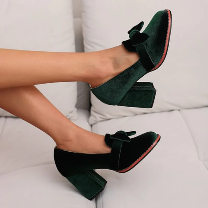 Matte Velvet Material Square Toe Car Stitching Bow Decal Shallow Women's Pumps Super High Thick Heel Elegant Noble Shoes