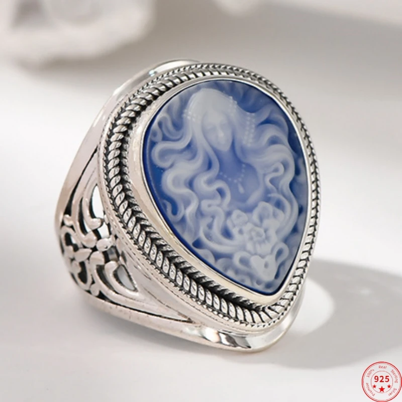 

S925 Sterling Silver Charms Rings for Women New Fashion Ancient Beauty God Waterdrop Shaped Shell Agate Relief Jewelry