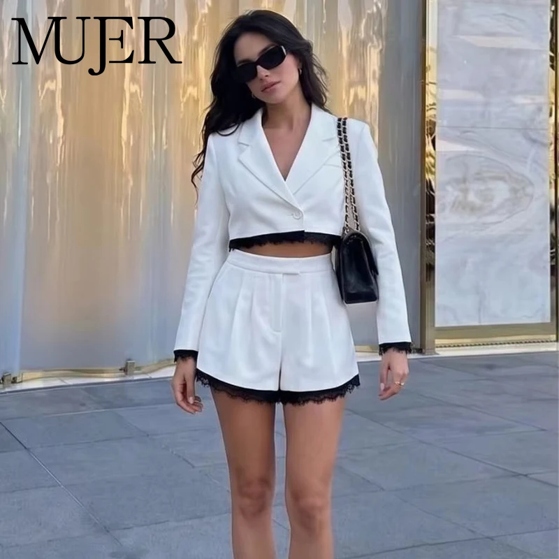 Conjunto de Shorts Bermuda de Encaje para Mujer, 2 Piezas, Traje de Verano, Blazer y Shorts Blancos de Cintura Media, Conjunto de 2 Piezas