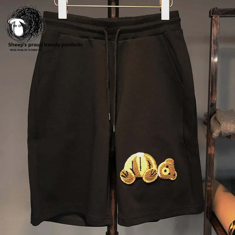 

Мужские летние модные свободные шорты-бриджи из чистого хлопка с вышивкой в виде медведя, повседневные пляжные брюки для пар