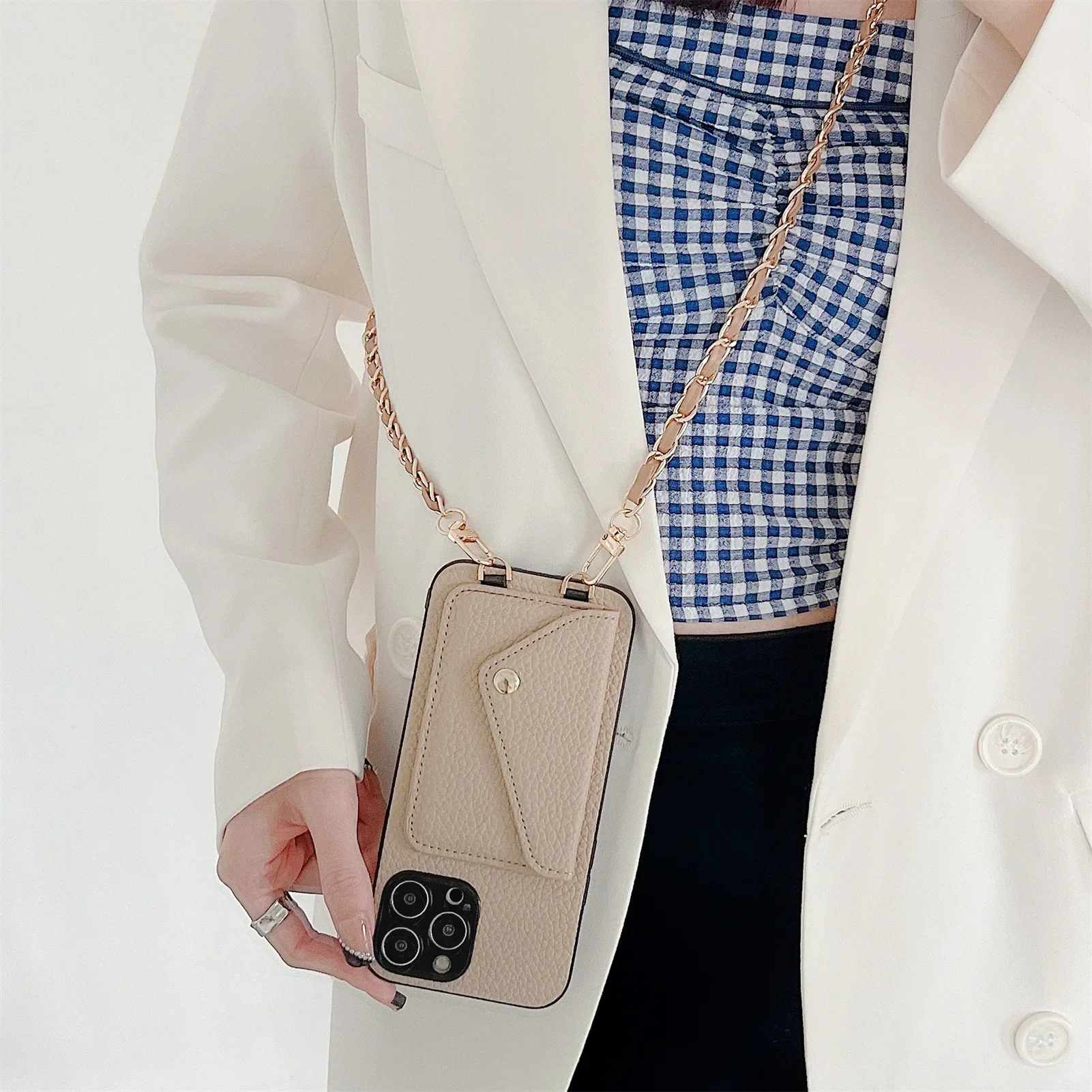 Telefoonhoesje met crossbody-tas, kaarthouder en kettingriem voor iPhone 17 Air 16 15 14 13 12 11 Pro Max XR XS 8 7