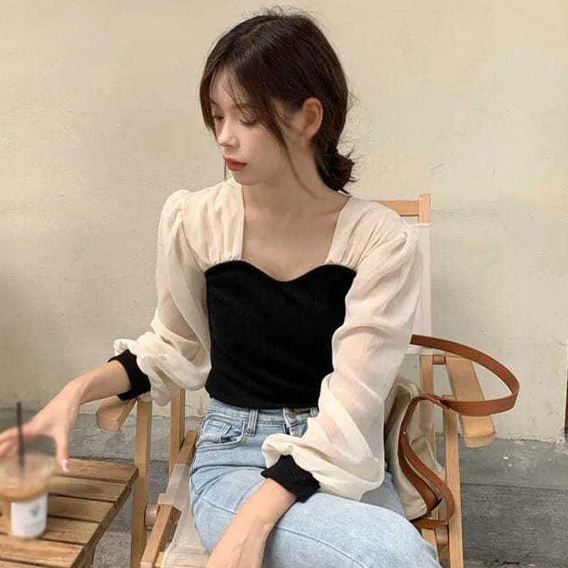 Korean Version Of French Fashion Square Neck Patchwork Tops Sweet And Versatile Bubble Long Sleeved Shirts