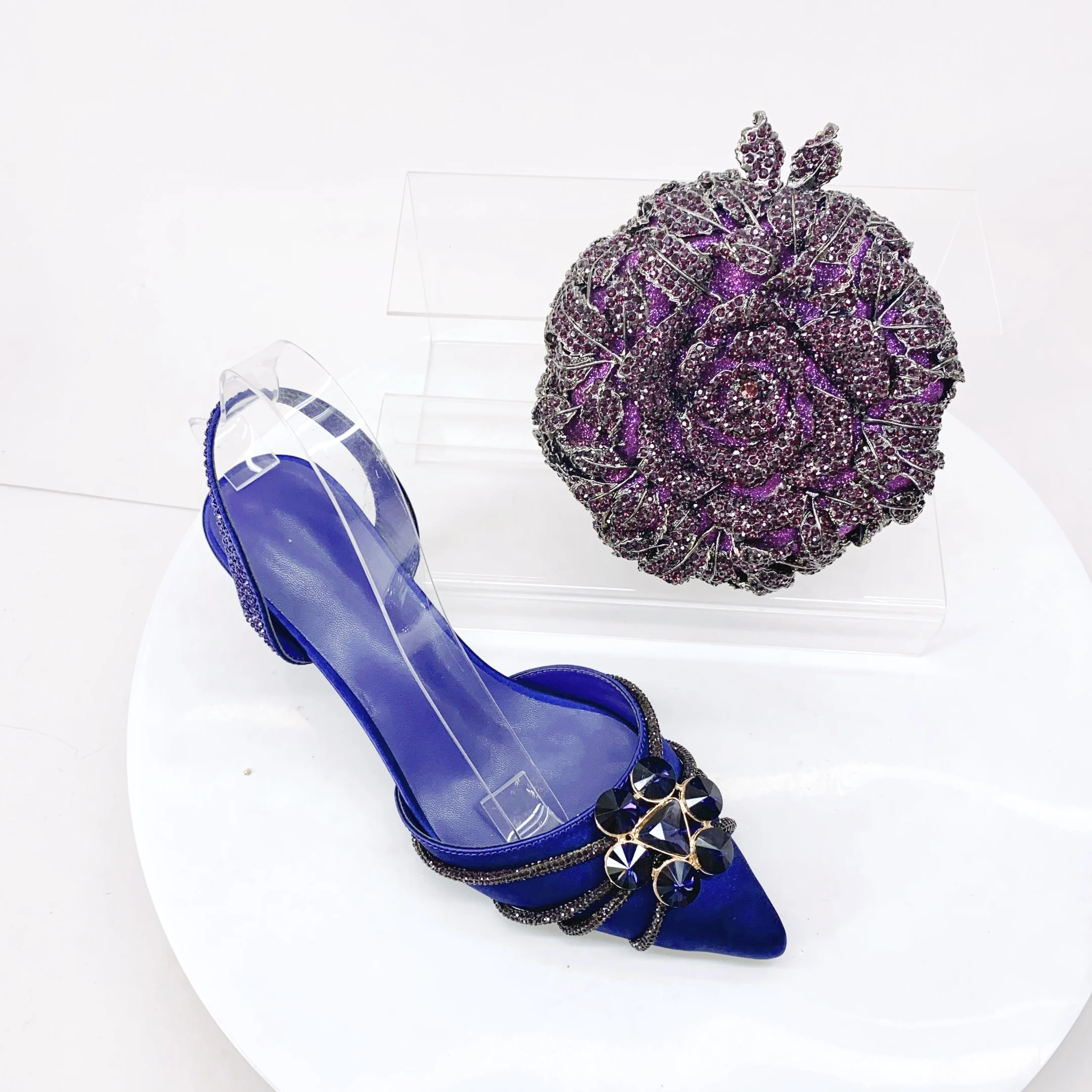 

LNATISNOVA Women's Gold Color Rhinestones Shoes and Bag Set Pointed Toe Pumps for Wedding Party Diamonds High heeled sandals Bag