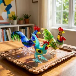 Colorful Murano Glass Rooster Figurine Miniature Handmade Poultry Animal Cock Statue Ornaments Home Tabletop Decor Novelty Gifts