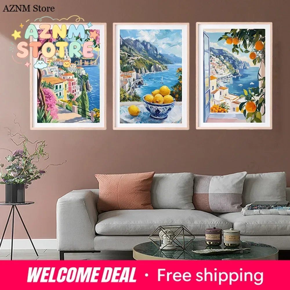 Amalfi Coast Pink Bougainvillea Canvas Painting Mediterranean Coastal Scenery Italy Landscape Posters Suitable Living Room De