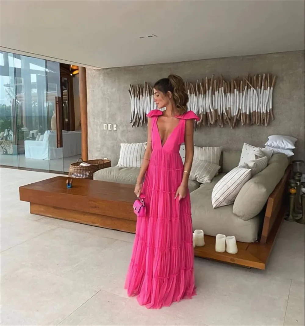 Cathy Hot Pink V-neck Wedding Dresses Backless Tulle A-line فساتين سهرة Elegant Sleeveless Floor-length vestidos de fiesta 2024