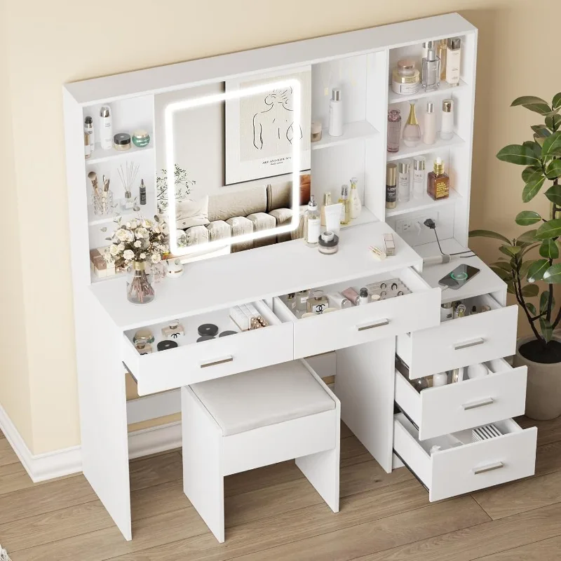 

Vanity Desk with Mirror and Lights, Makeup Vanity with 5 Drawers, Makeup Desk with Charging Station and Ample Storage, D